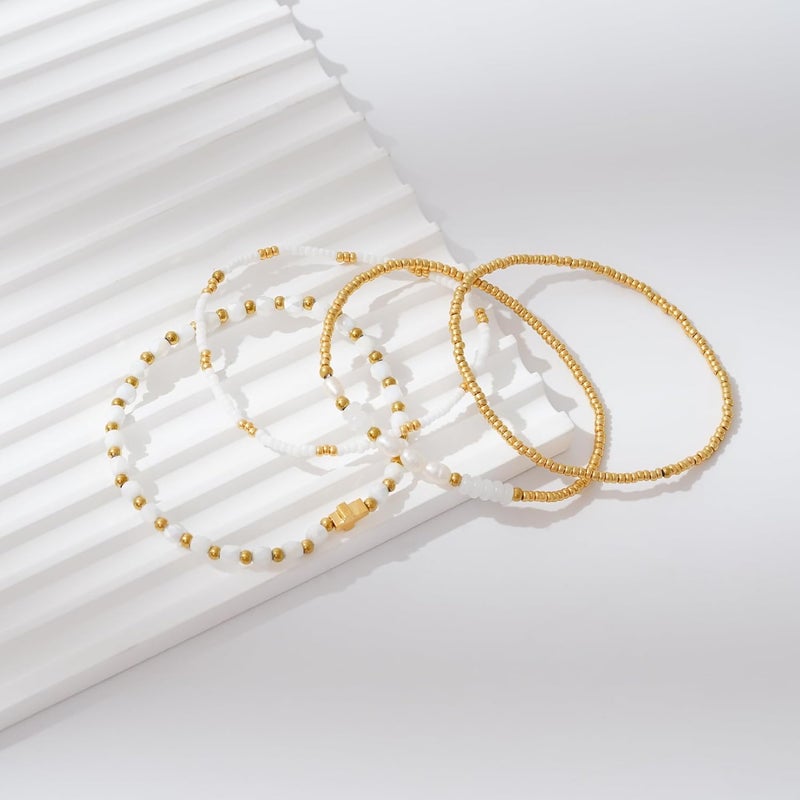 Pymach Store Dainty Gold Plated Pearl Crystal Beaded Bracelets Set for Women 14K Gold Plated Bead Pearl Beads Bracelet Stackable Paperclip Link Chain Bracelets Gold Plated Bracelets for Women Trendy Jewelry - Image 3
